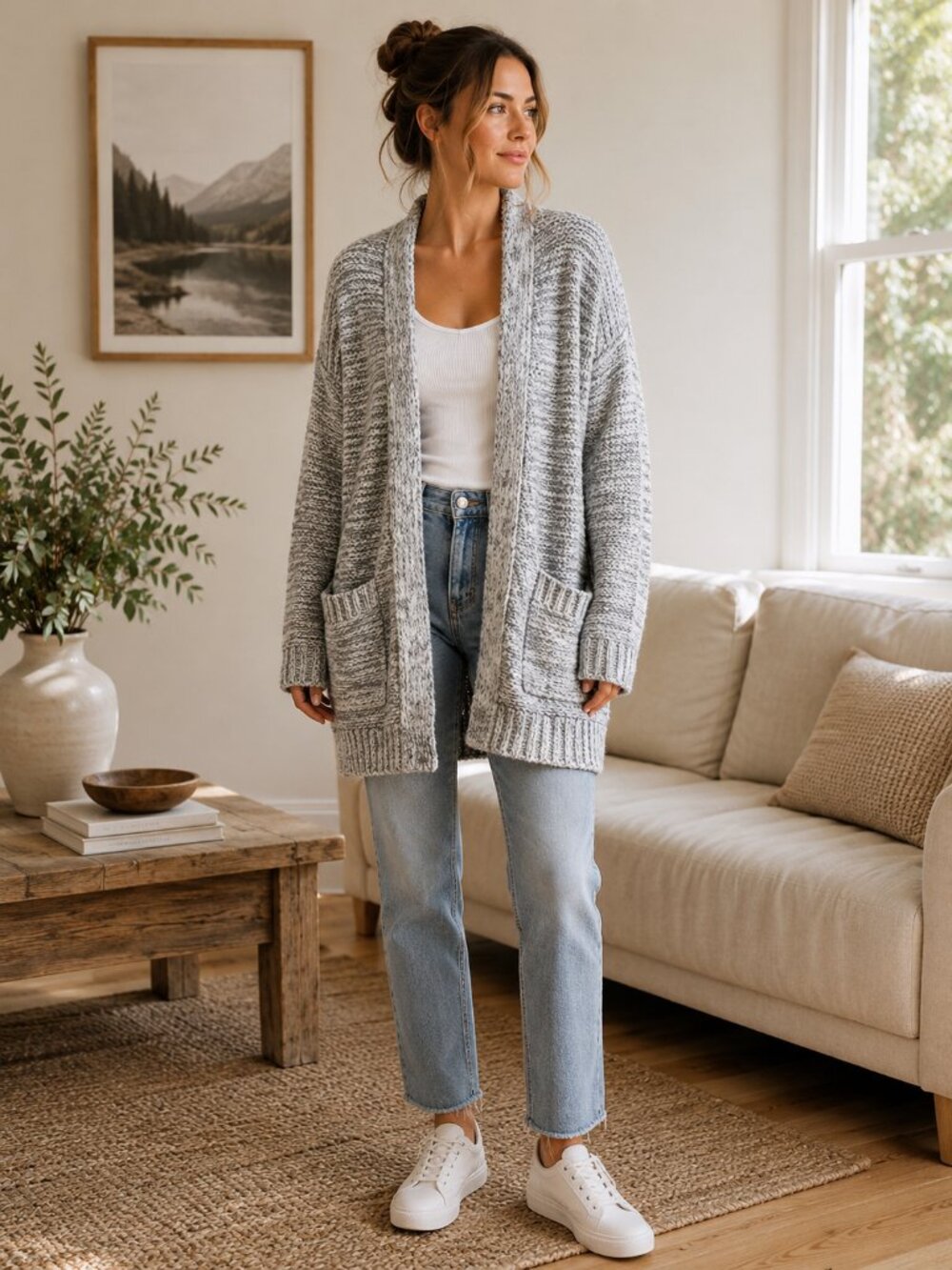 Abercrombie Oversized Gray Cardigan Sweater SZS Cozy Quiet Luxury Coastal Pocket